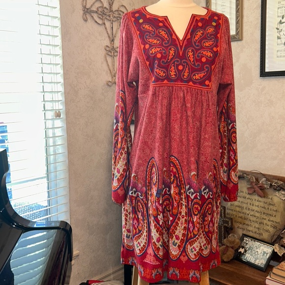 🆕NWOT🌻BOHO PAISLEY DRESS🍁Notch Neck❤️Brick Red Base Size Large - Picture 2 of 11